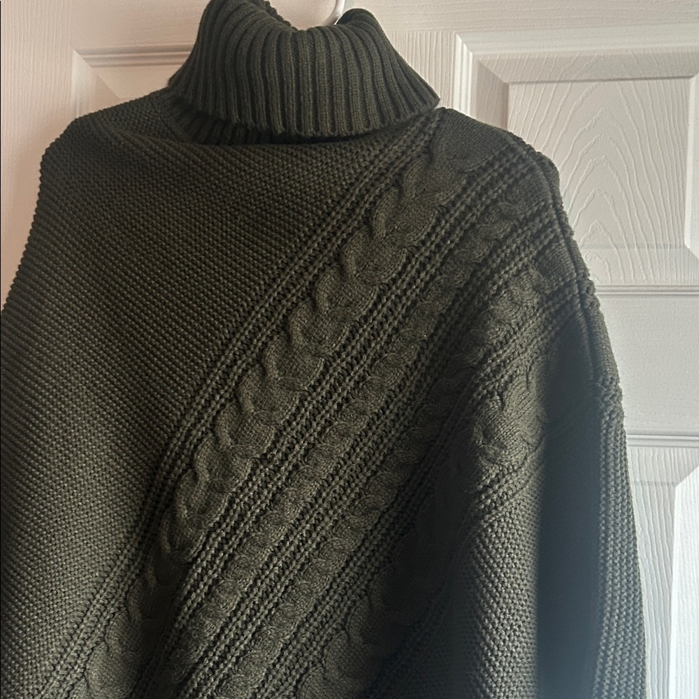 Women's Olive Green Turtleneck Poncho Sweater - Picture 9 of 11